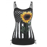 Plus Size & Curve Lace Up American Flag Sunflower Print Tank Top