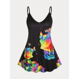 Plus Size & Curve Rainbow Rose Butterfly Print Flowy Cami Top