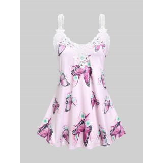 Lace Insert Butterfly Print Plus Size & Curve Tank Top