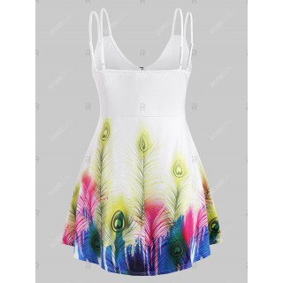 O Ring Ruched Feather Printed Plus Size Tank Top