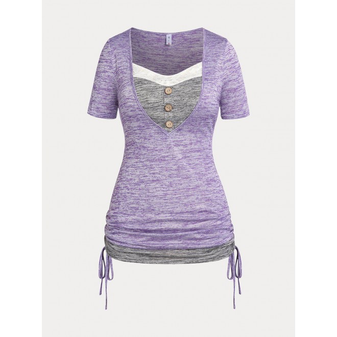 Plus Size & Curve Lace Panel Cinched Ruched Space Dye T Shirt