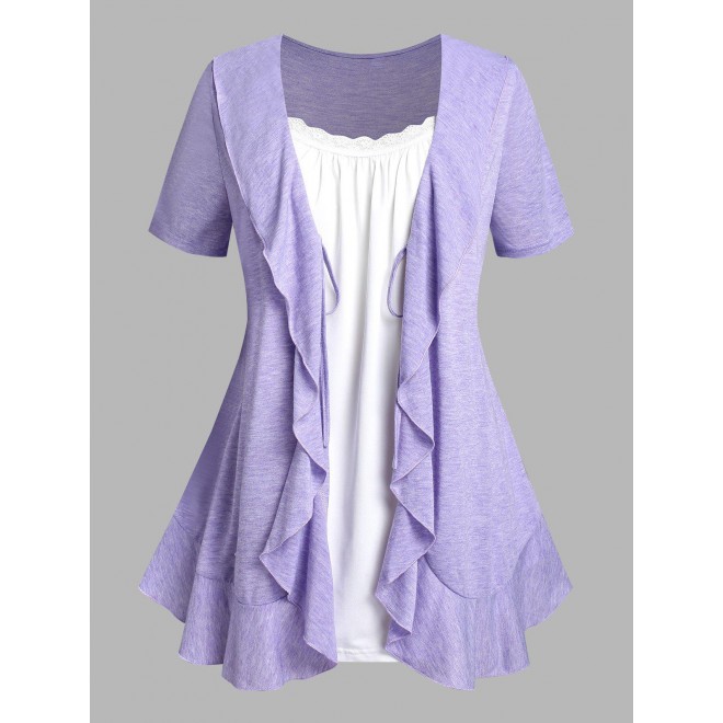 Plus Size Front Tie Ruffled Faux Twinset Tee