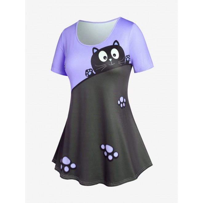 Plus Size & Curve Two Tone Cat Print Short Sleeves Tee
