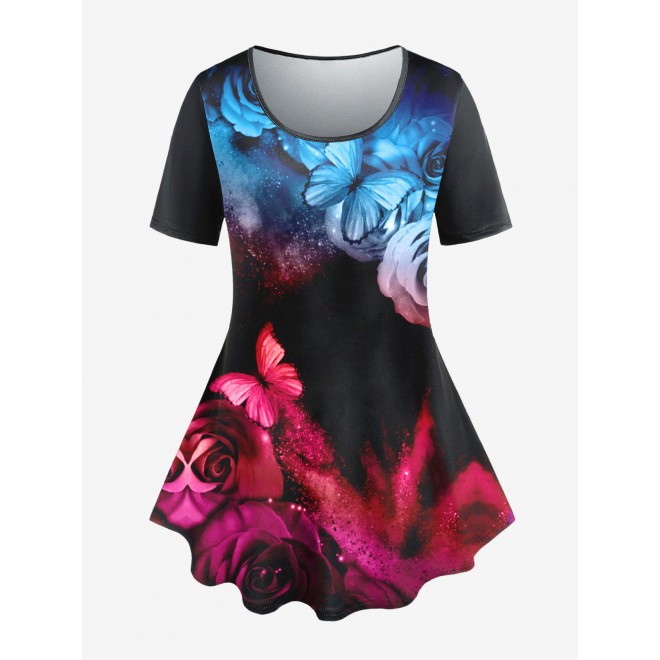Plus Size Rainbow Rose Butterfly Print Tee