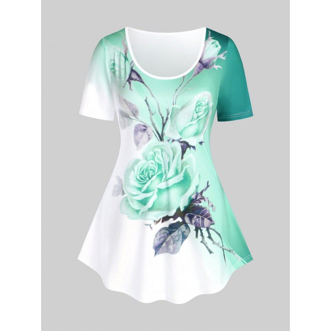 Plus Size Rose Print Ombre Color Tee