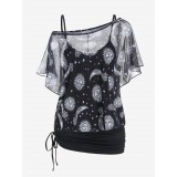 Plus Size Sun Moon Print Skew Neck Sheer Mesh Top and Cinched Camisole Set