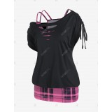 Plus Size Ripped Skew Neck Tee and Plaid Tank Top Twinset