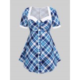 Plus Size Plaid Colorblock Short Sleeves Tee with Buttons