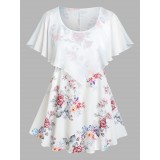 Plus Size & Curve Ruffled Overlay Floral Print Tee