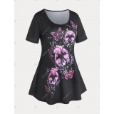 Floral Butterfly Print Plus Size Tunic T-shirt