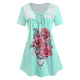 Plus Size Rose Print Lace Up Tee