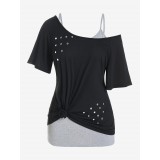 Plus Size Rivets Skew Neck Tee and Cami Top Contrast Two Piece Set