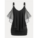Plus Size & Curve Mesh Ruffled Ruched Cold Shoulder Tee