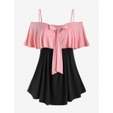 Plus Size Ruffled Cold Shoulder Bowknot Colorblock Tee