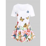 Plus Size & Curve Basic Butterfly Flower Print Tee