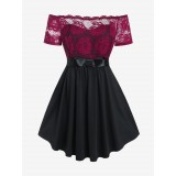 Plus Size Off The Shoulder Rose Lace Skirted Blouse