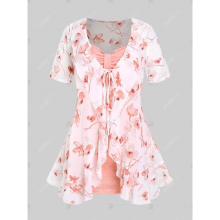 Plus Size & Curve Floral Tie Blouse and Knot Solid Tank Top Set
