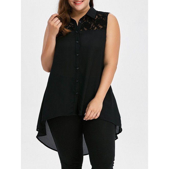 Plus Size & Curve Lace Insert High Low Sleeveless Shirt