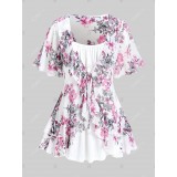 Plus Size Ruffle Floral Print Blouse and Tank Top Set