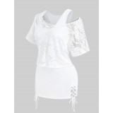 Plus Size Sheer Lace Blouse and Racerback Lace Up Tank Top Set