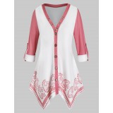Plus Size Button Up Roll Up Sleeves Handkerchief Blouse