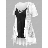 Plus Size & Curve High Low Tied Mesh Blouse and Camisole Twinset