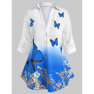 Button Front Tab Sleeve Floral Butterfly Plus Size Shirt