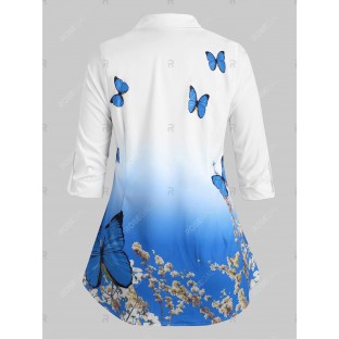 Button Front Tab Sleeve Floral Butterfly Plus Size Shirt