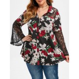 Plus Size Bell Sleeve Floral Print Shirt
