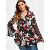 Plus Size Bell Sleeve Floral Print Shirt