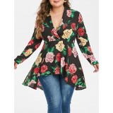 Plus Size Plunging Neck High Low Floral Blouse