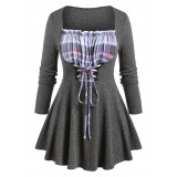 Plus Size Plaid Lace Up Ruched Bust Skirted Knit T-shirt