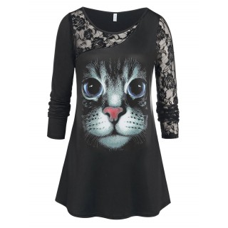 Plus Size 3D Cat Print Lace Panel T-shirt