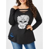 Plus Size Skull Lace Ripped Halloween Tee