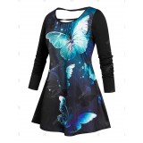 Plus Size Cutout Butterfly Print Tee