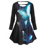 Plus Size Cutout Butterfly Print Tee