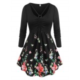 Plus Size Ruched Floral Print O Ring T-shirt