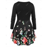 Plus Size Ruched Floral Print O Ring T-shirt