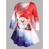 Plus Size Santa Claus Snowflake Print Crisscross Christmas T-shirt