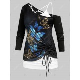 Plus Size Butterfly Print Skew Neck Cinched T-shirt and Camisole Set