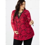 Plus Size Lace Sheer Lace-up Long Sleeve Tee
