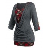 Plus Size Roll Up Sleeve Cowl Front Plaid Twofer Tee