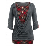 Plus Size Roll Up Sleeve Cowl Front Plaid Twofer Tee