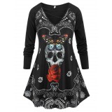 Plus Size Gothic Skull Print Crisscross T-shirt