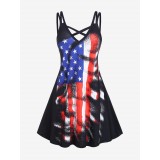 Plus Size Crisscross Patriotic American Flag Print Dress