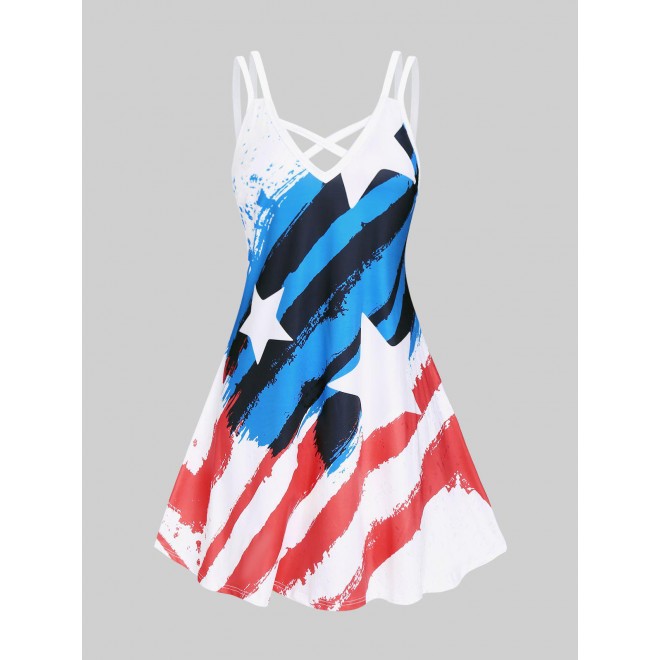 Plus Size Patriotic American Flag Print Crisscross Dress