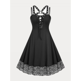 Plus Size & Curve Backless Harness Lace Up Skulls Gothic Dress