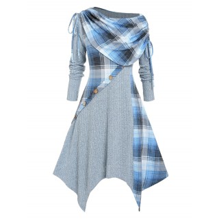 Plus Size  Foldover Cinched Plaid Handkerchief Midi Dress