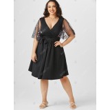 Plus Size & Curve Tulle Sheer Embroidered Sleeve Surplice Belted Dress