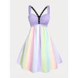 Plus Size & Curve Rainbow Backless Grommet Cutout Midi Dress